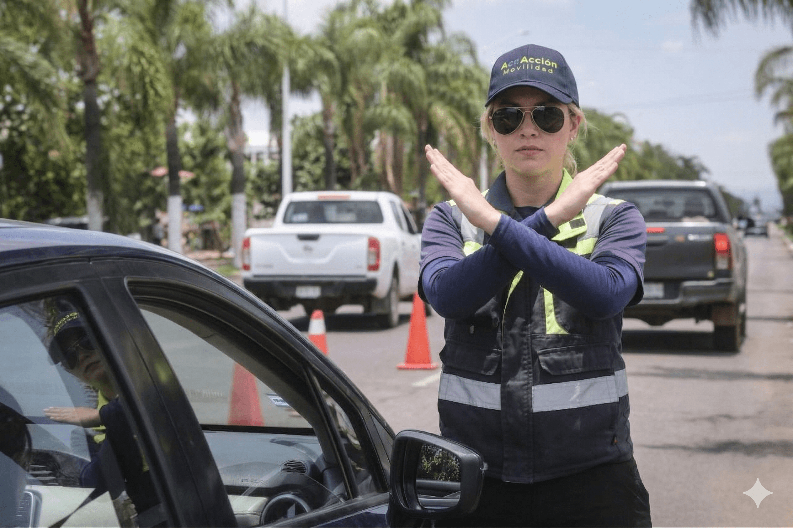 Agente de verificación responsable uniformada haciendo un gesto de brazos formando una X.