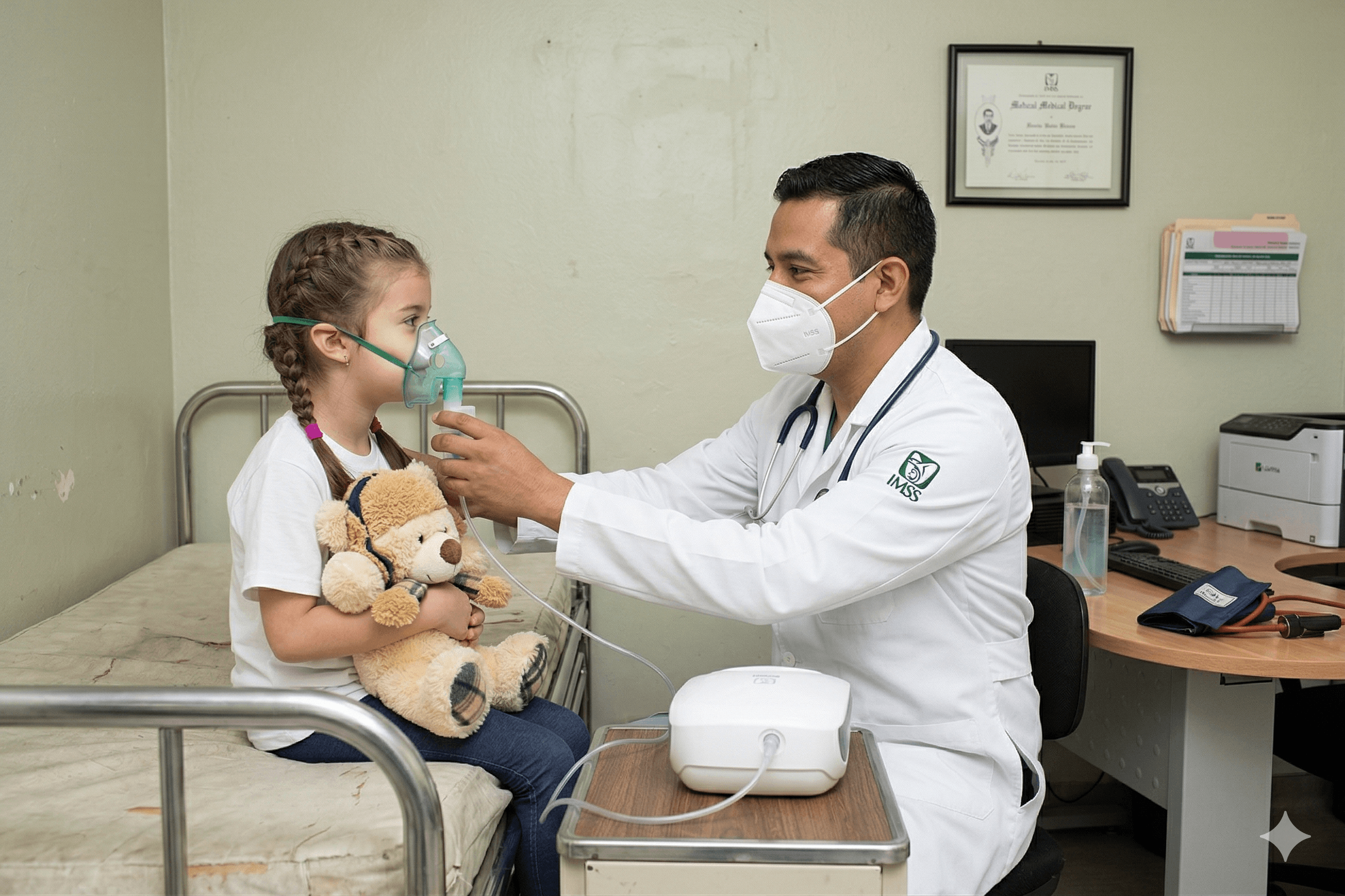 Doctor administrando mascarillas de oxigeno a paciente infantil.